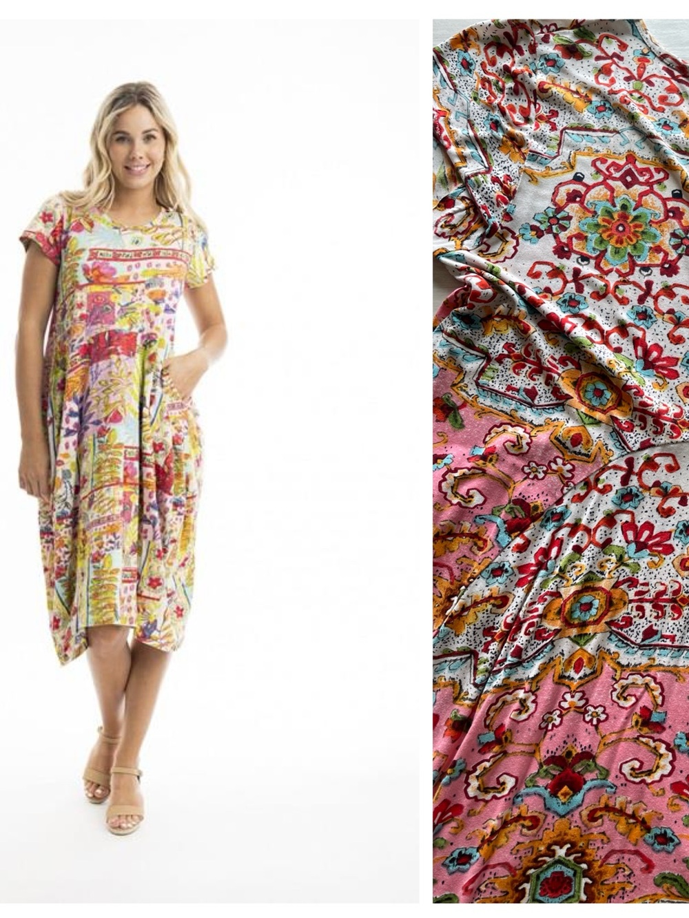 Floral Pink Midi Dress with Multicolor Print